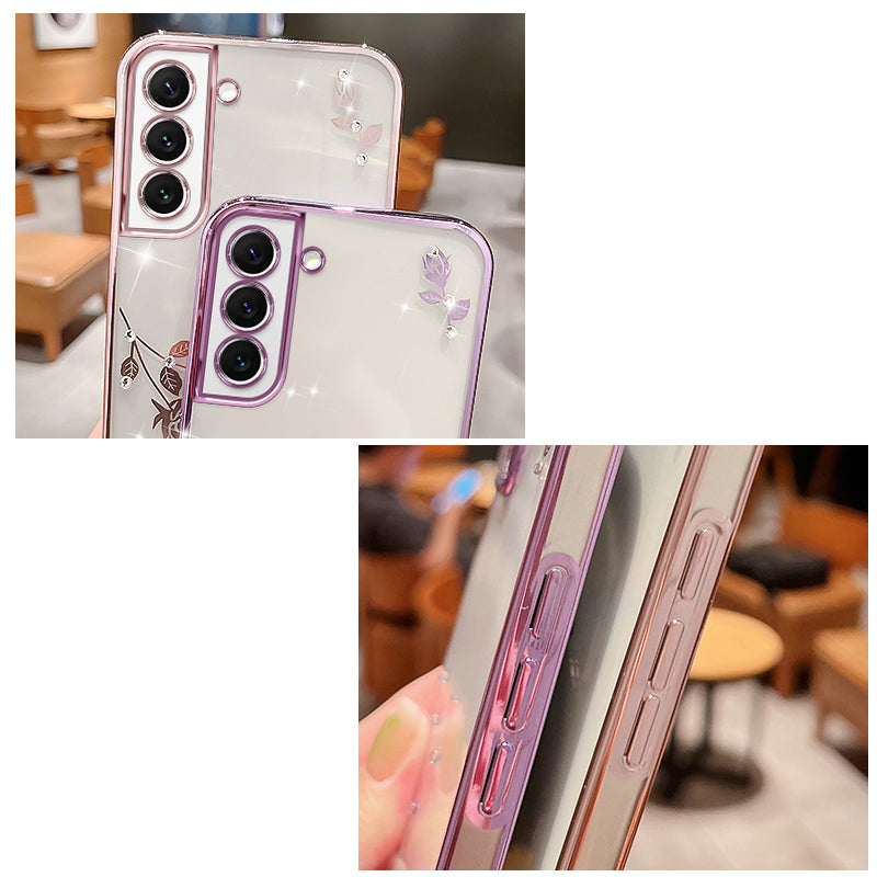Slim Shockproof TPU Phone Case For Samsung Galaxy S22 5G Electroplating Rhinestone Design Flower Pattern Decor Glitter Phone Bumper Cover