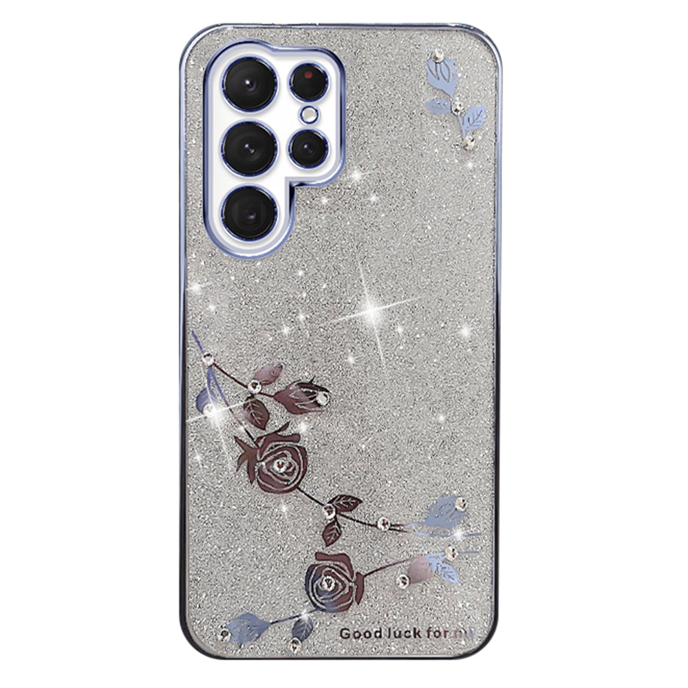 For Samsung Galaxy S22 Ultra 5G Rhinestone Design Smartphone Case Anti-Scratch Flower Pattern Decor Glitter Powder TPU Phone Cover