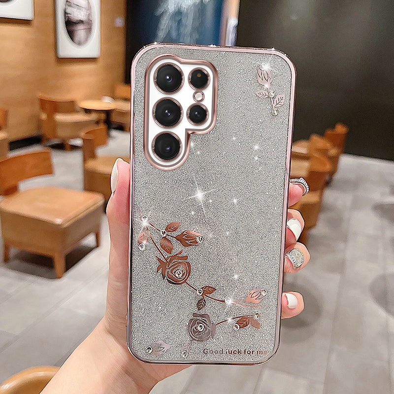 For Samsung Galaxy S22 Ultra 5G Rhinestone Design Smartphone Case Anti-Scratch Flower Pattern Decor Glitter Powder TPU Phone Cover