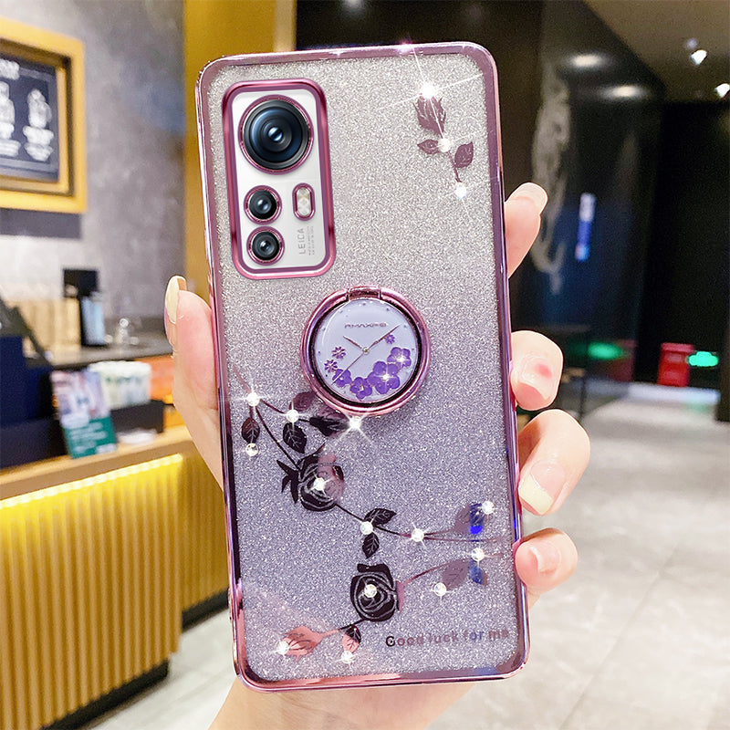 For Xiaomi 12X 5G 12 5G 12S 5G Gradient Glitter Phone Case Flower Pattern Rhinestone Decor Ring Kickstand Anti-scratch TPU Phone Back Cover