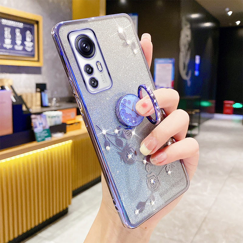 For Xiaomi 12X 5G 12 5G 12S 5G Gradient Glitter Phone Case Flower Pattern Rhinestone Decor Ring Kickstand Anti-scratch TPU Phone Back Cover