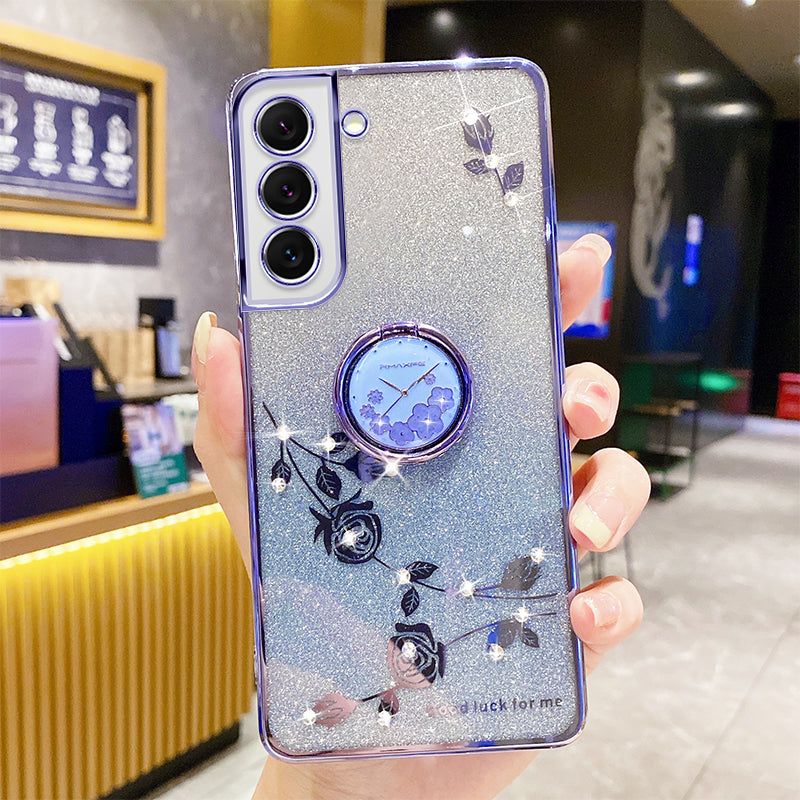 For Samsung Galaxy S23 Anti-fall Phone Case with Ring Kickstand Flower Pattern Rhinestone Decor Glitter Soft TPU Phone Back Cover
