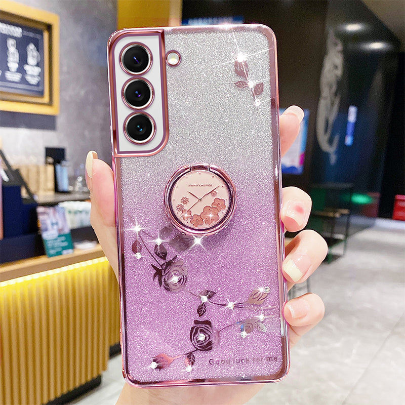 For Samsung Galaxy S23 Anti-fall Phone Case with Ring Kickstand Flower Pattern Rhinestone Decor Glitter Soft TPU Phone Back Cover