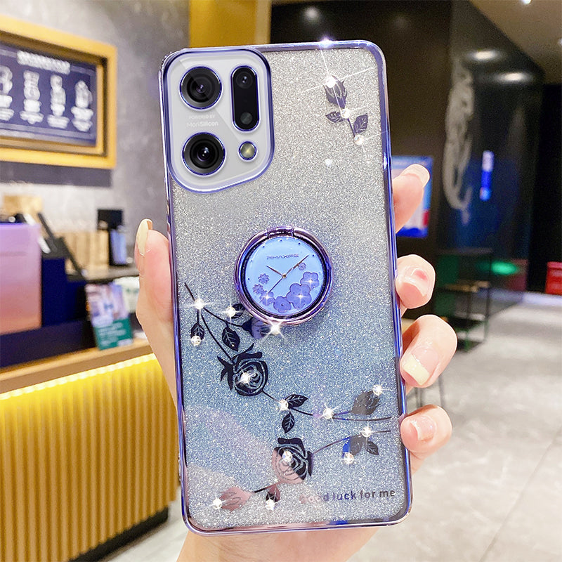 Gradient Glitter Phone Cover For Oppo Find X5 Drop-proof Soft TPU Phone Case with Flower Pattern Rhinestone Decor Ring Kickstand