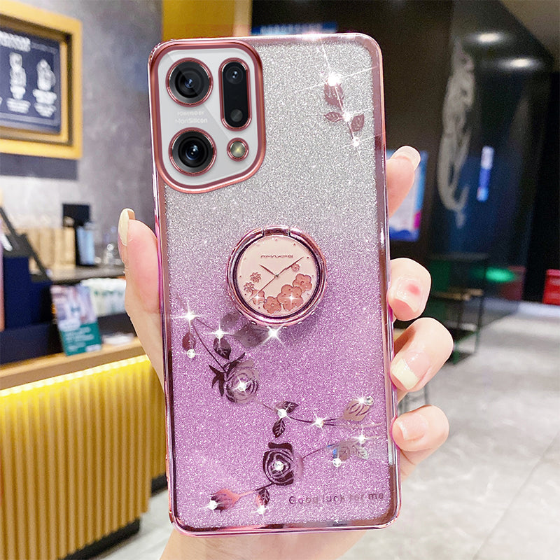 Gradient Glitter Phone Cover For Oppo Find X5 Drop-proof Soft TPU Phone Case with Flower Pattern Rhinestone Decor Ring Kickstand