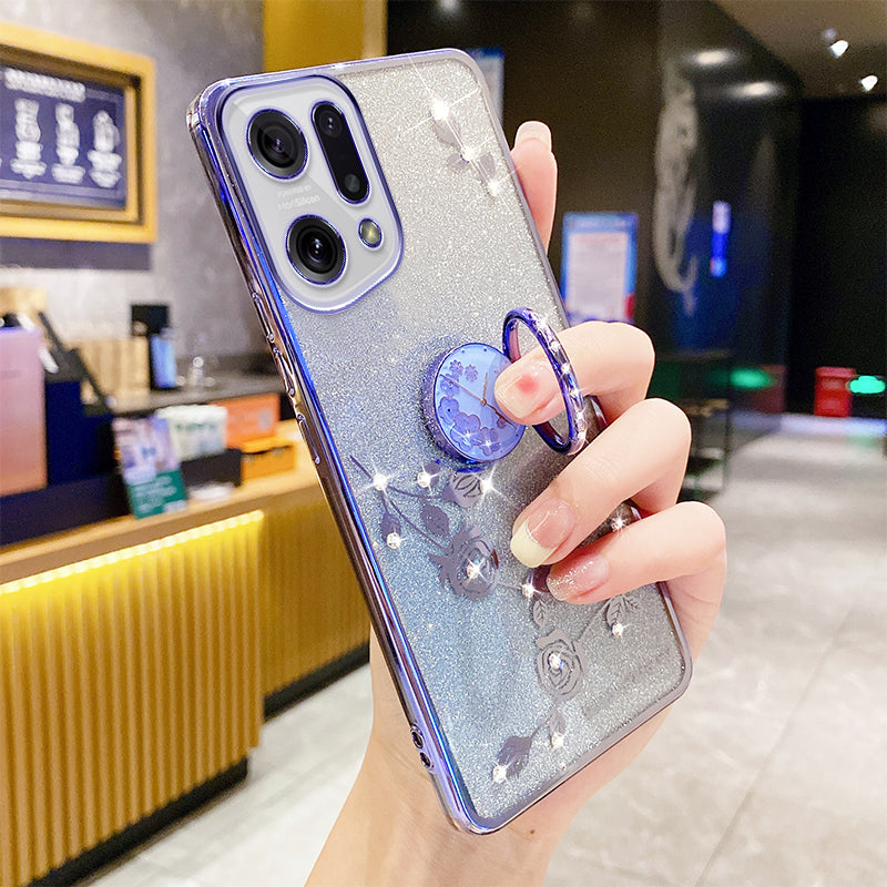 Gradient Glitter Phone Cover For Oppo Find X5 Drop-proof Soft TPU Phone Case with Flower Pattern Rhinestone Decor Ring Kickstand