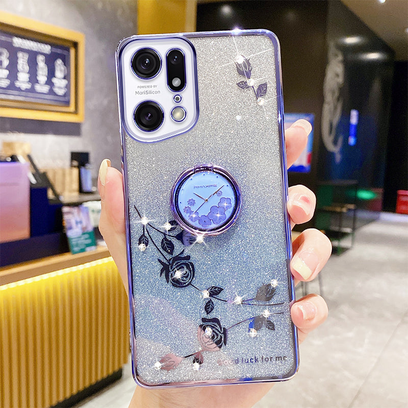 Gradient Glitter Phone Cover For Oppo Find X5 Pro 5G Ring Kickstand Flower Pattern Rhinestone Decor Soft TPU Scratch-resistant Smartphone Case