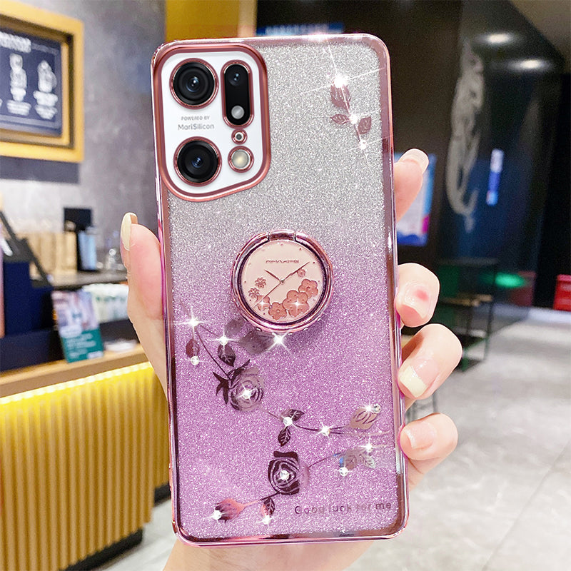 Gradient Glitter Phone Cover For Oppo Find X5 Pro 5G Ring Kickstand Flower Pattern Rhinestone Decor Soft TPU Scratch-resistant Smartphone Case