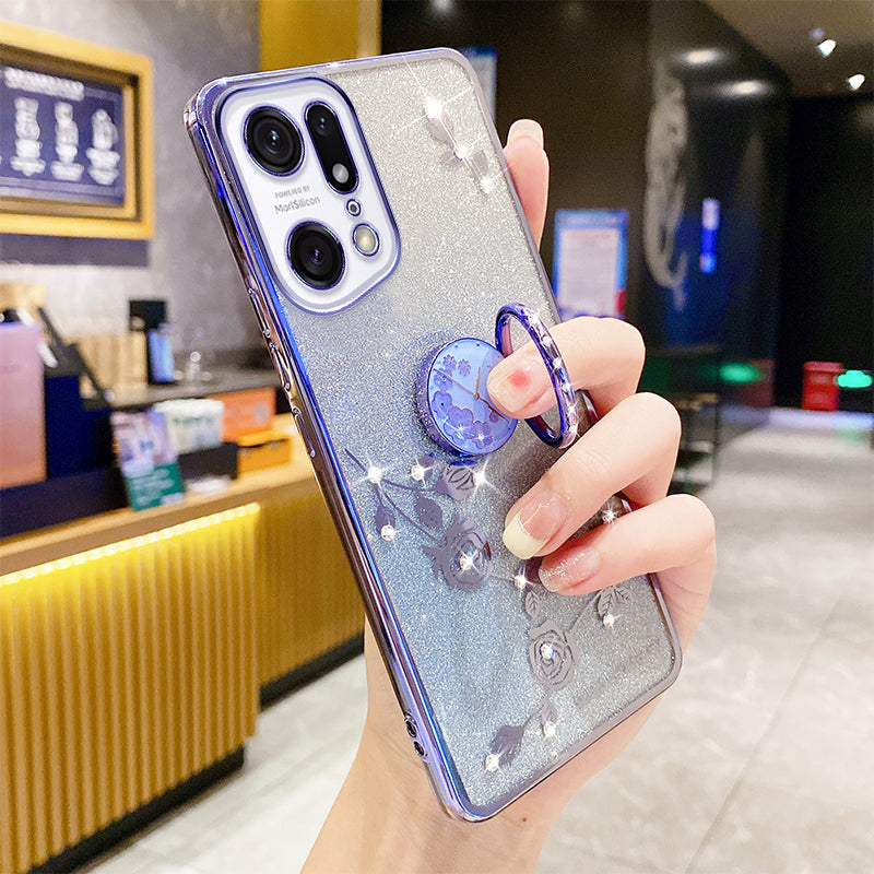 Gradient Glitter Phone Cover For Oppo Find X5 Pro 5G Ring Kickstand Flower Pattern Rhinestone Decor Soft TPU Scratch-resistant Smartphone Case