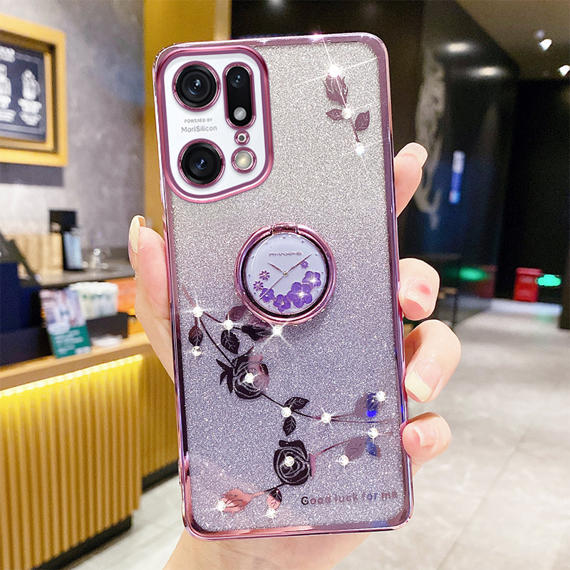 Gradient Glitter Phone Cover For Oppo Find X5 Pro 5G Ring Kickstand Flower Pattern Rhinestone Decor Soft TPU Scratch-resistant Smartphone Case
