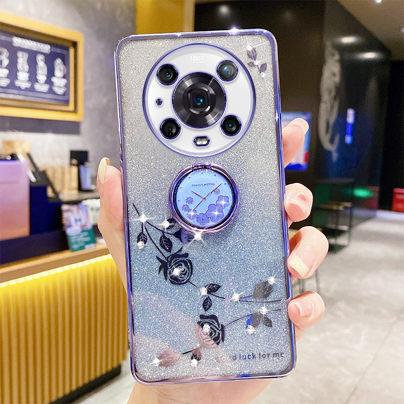 Flower Pattern Gradient Glitter Phone Cover For Honor Magic4 Pro 5G Drop-proof Rhinestone Decor Soft TPU Smartphone Case with Ring Kickstand