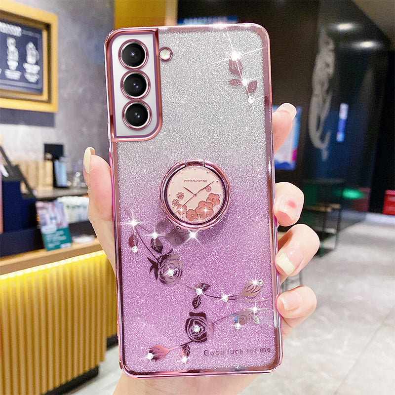 For Samsung Galaxy S21 5G 4G Gradient Glitter Phone Cover Ring Kickstand Flower Pattern Rhinestone Decor Soft TPU Slim Mobile Phone Case