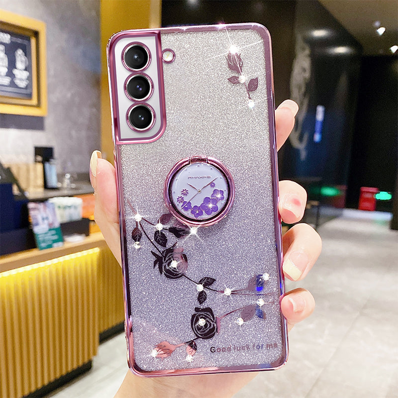For Samsung Galaxy S21 5G 4G Gradient Glitter Phone Cover Ring Kickstand Flower Pattern Rhinestone Decor Soft TPU Slim Mobile Phone Case