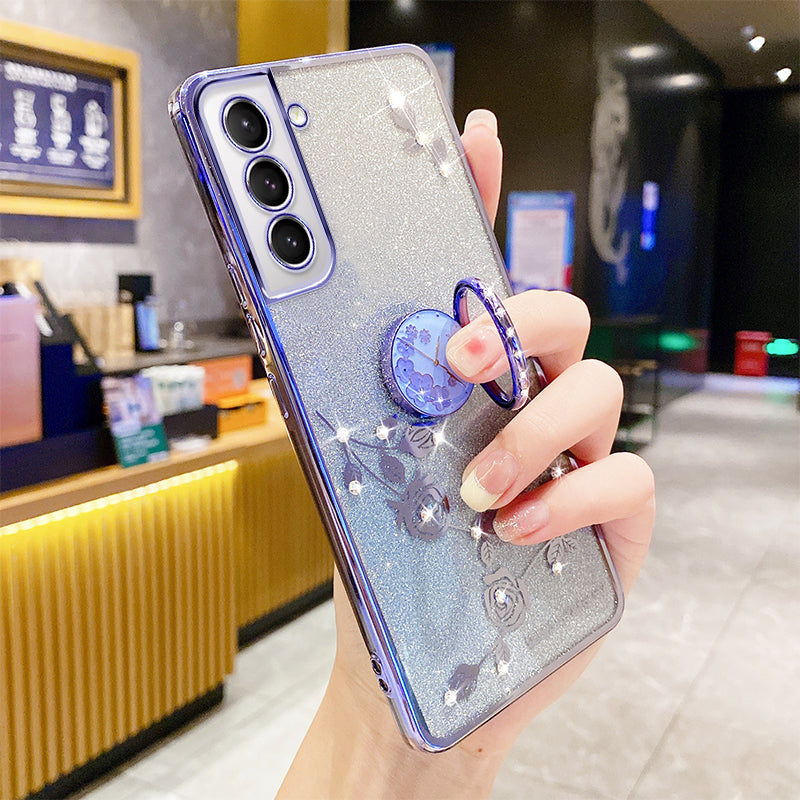 Ring Kickstand Anti-fall Phone Cover For Samsung Galaxy S21 5G Gradient Glitter Flower Pattern Rhinestone Decor Soft TPU Phone Case