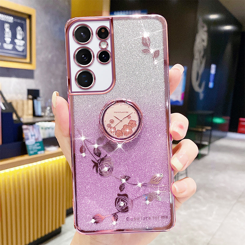 For Samsung Galaxy S21 Ultra 5G Gradient Glitter Flower Pattern Rhinestone Decor Protective Phone Cover with Ring Kickstand