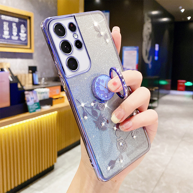 For Samsung Galaxy S21 Ultra 5G Gradient Glitter Flower Pattern Rhinestone Decor Protective Phone Cover with Ring Kickstand