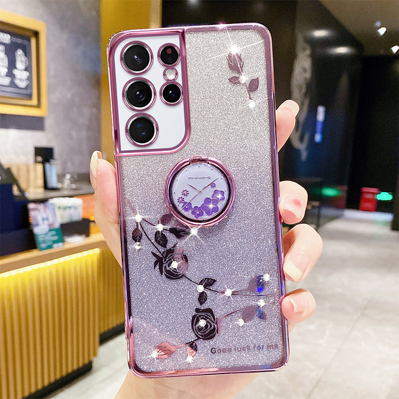 For Samsung Galaxy S21 Ultra 5G Gradient Glitter Flower Pattern Rhinestone Decor Protective Phone Cover with Ring Kickstand