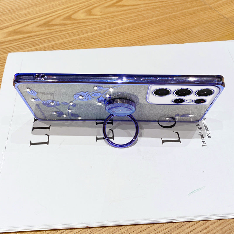 For Samsung Galaxy S21 Ultra 5G Gradient Glitter Flower Pattern Rhinestone Decor Protective Phone Cover with Ring Kickstand