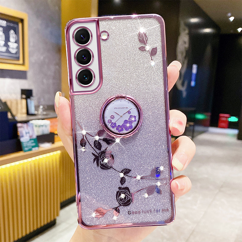 For Samsung Galaxy S22 5G Ring Kickstand Soft TPU Protective Cover Glitter Powder Flower Pattern Rhinestone Decor Drop-proof Case