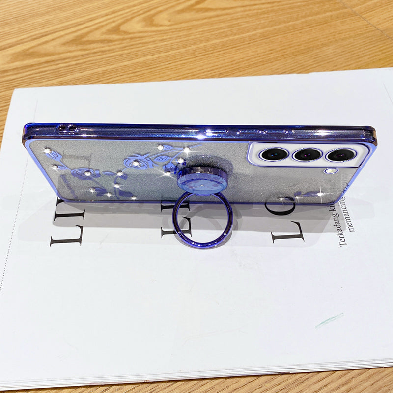 For Samsung Galaxy S22 5G Ring Kickstand Soft TPU Protective Cover Glitter Powder Flower Pattern Rhinestone Decor Drop-proof Case