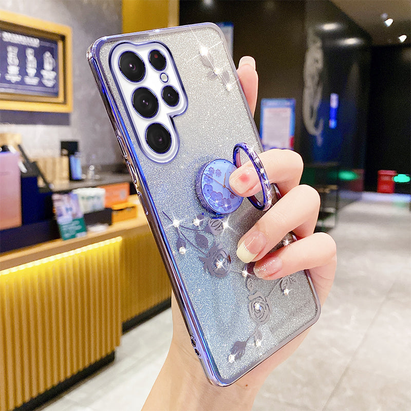 For Samsung Galaxy S22 Ultra 5G Gradient Glitter Powder Ring Kickstand TPU Protective Cover Flower Pattern Rhinestone Decor Phone Back Case