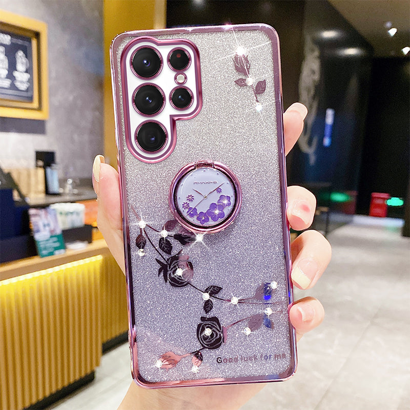 For Samsung Galaxy S22 Ultra 5G Gradient Glitter Powder Ring Kickstand TPU Protective Cover Flower Pattern Rhinestone Decor Phone Back Case