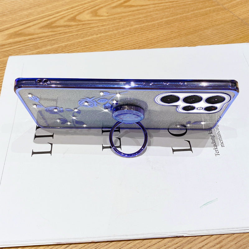 For Samsung Galaxy S22 Ultra 5G Gradient Glitter Powder Ring Kickstand TPU Protective Cover Flower Pattern Rhinestone Decor Phone Back Case