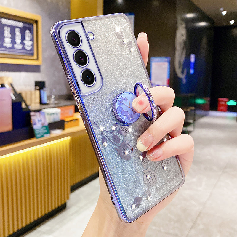 Protective Phone Case Kickstand For Samsung Galaxy S23 Gradient Glitter Flower Pattern Rhinestone Decor Shockproof TPU Phone Cover