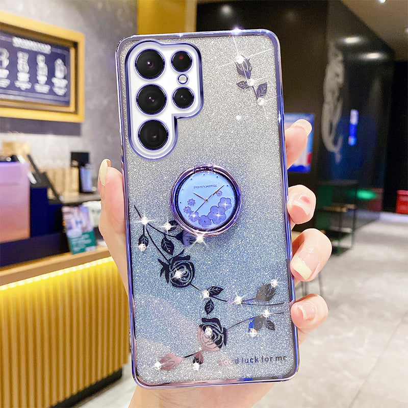Flower Pattern Phone Case Kickstand For Samsung Galaxy S23 Ultra Rhinestone Decor Scratch-resistant Gradient Glitter Phone Back Cover