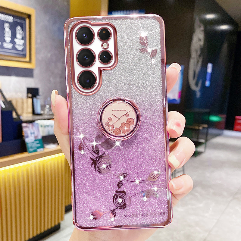 Flower Pattern Phone Case Kickstand For Samsung Galaxy S23 Ultra Rhinestone Decor Scratch-resistant Gradient Glitter Phone Back Cover