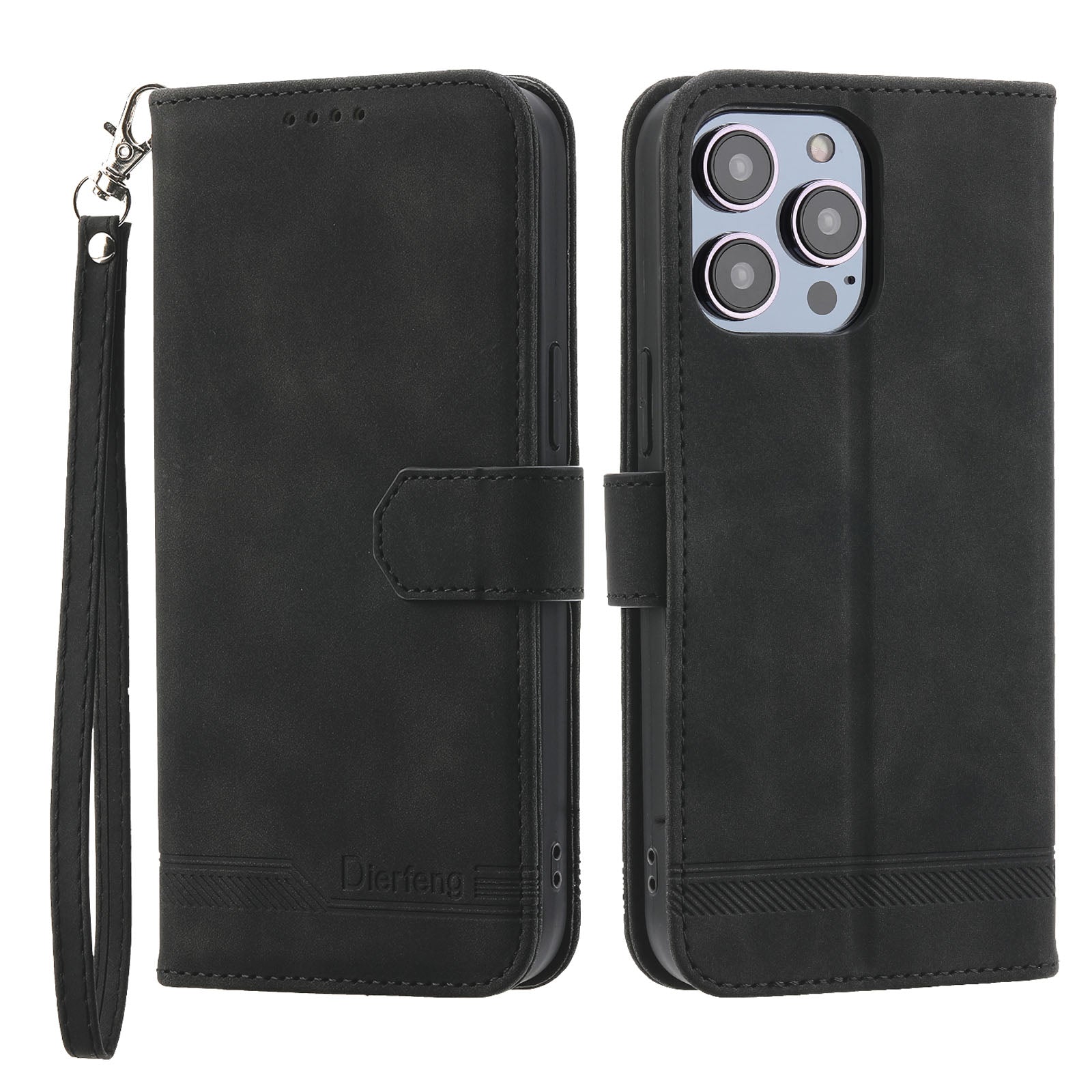DIERFENG DF-03 Phone Case for iPhone 13 Pro Max 6.7 inch PU Leather Lines Imprinted Wallet Stand Cover
