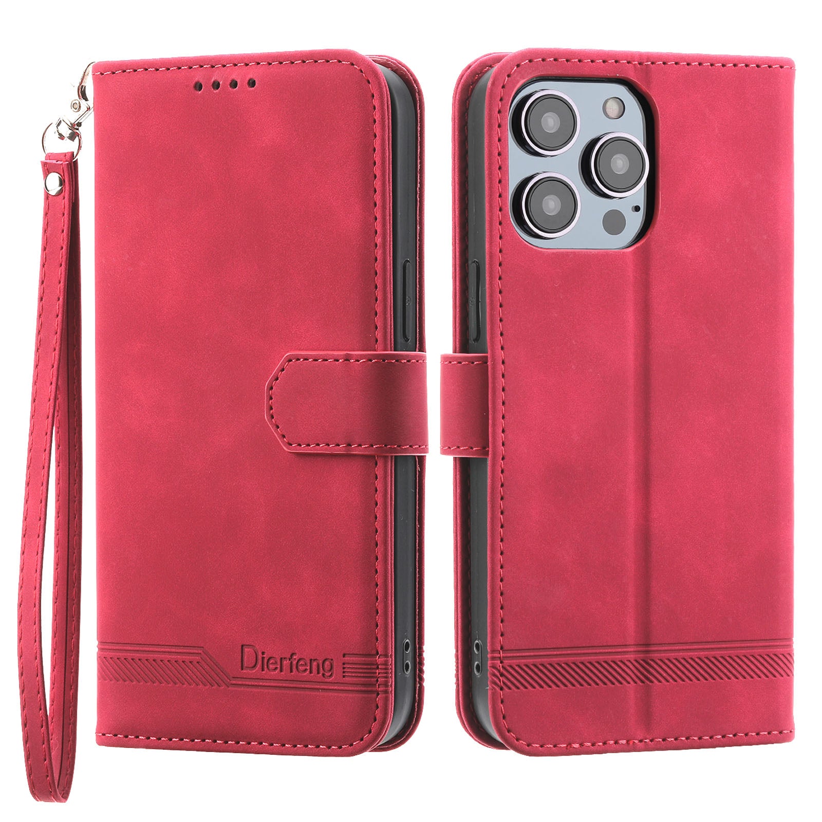 DIERFENG DF-03 PU Leather Case for iPhone 13 Pro 6.1 inch, Lines Imprinted Wallet Stand Protective Phone Cover - Pink