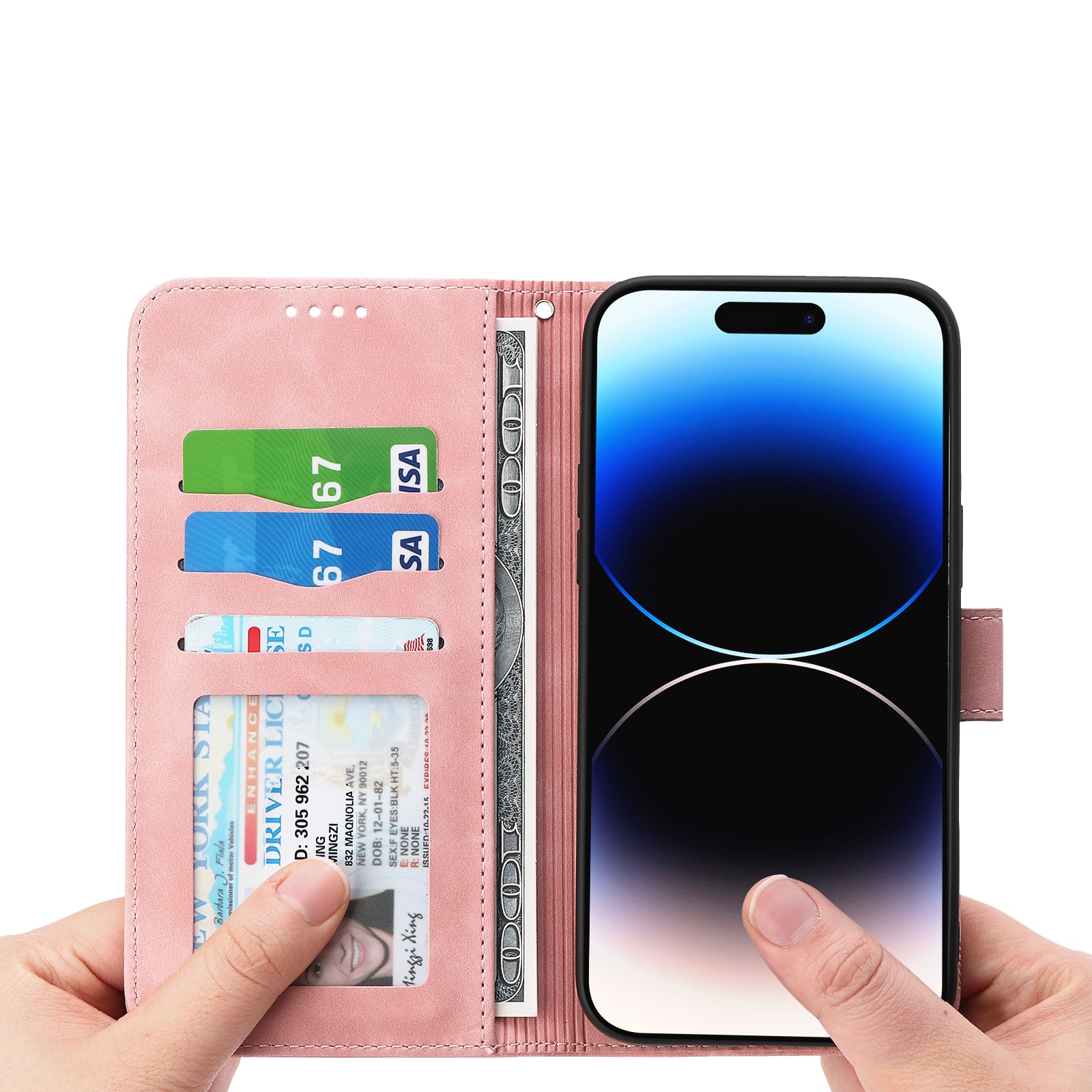 DIERFENG DF-03 Lines Imprinted Phone Case for iPhone 14 Pro PU Leather Magnetic Clasp Wallet Stand Cover