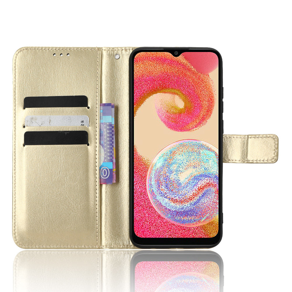 Drop-proof Phone Case For Samsung Galaxy A04e 4G / F04 4G / M04 4G Crazy Horse Texture Magnetic Flip Wallet Stand PU Leather Cell Phone Cover with Strap