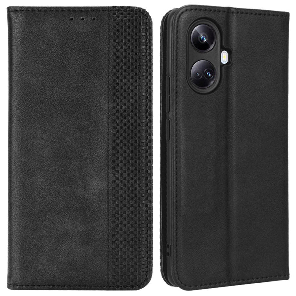 For Realme 10 Pro 5G Magnetic Auto Closing Phone Case Foldable Stand Retro Texture Imprinted Pattern PU Leather Flip Wallet Phone Cover
