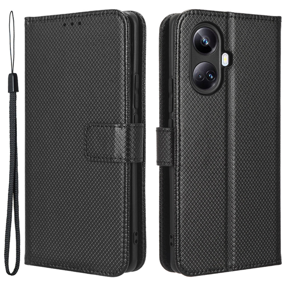 Anti-fall Phone Cover for Realme 10 Pro 5G Magnetic Clasp Well-protected Diamond Texture PU Leather Stand Wallet Phone Case