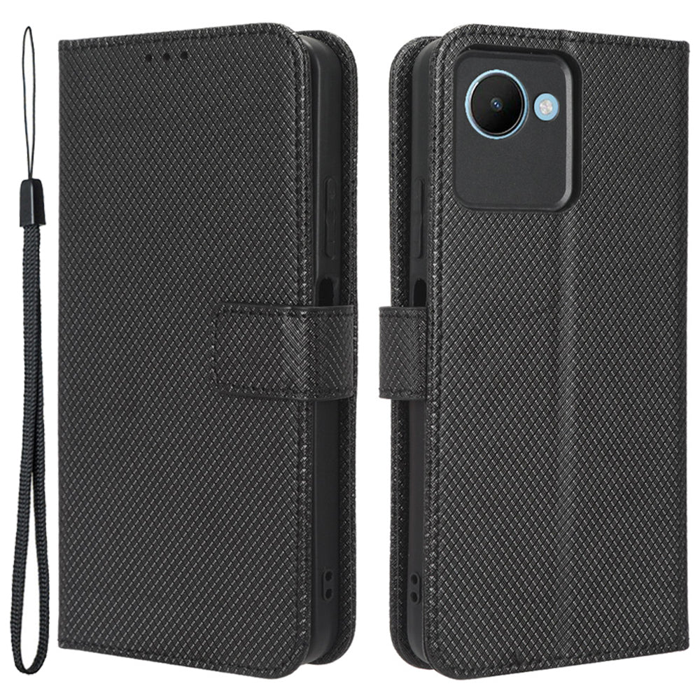 Anti-fall Phone Cover for Realme C30 4G C30s 4G Magnetic Clasp Diamond Texture PU Leather Anti-scratch Hands-free Stand Wallet Phone Case