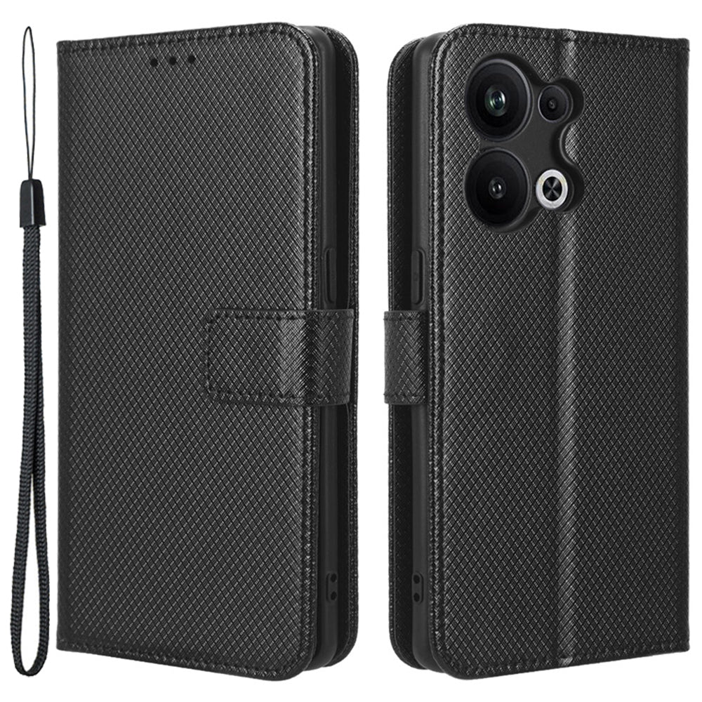 Anti-fall Phone Cover for Oppo Reno9 Pro 5G Magnetic Clasp Diamond Texture PU Leather Anti-scratch Adjustable Stand Wallet Phone Case