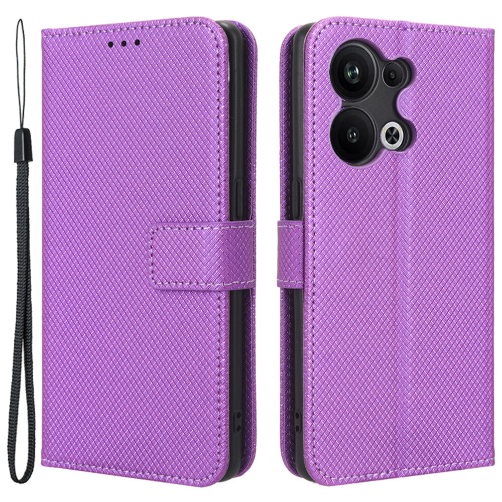 Anti-fall Phone Cover for Oppo Reno9 Pro 5G Magnetic Clasp Diamond Texture PU Leather Anti-scratch Adjustable Stand Wallet Phone Case