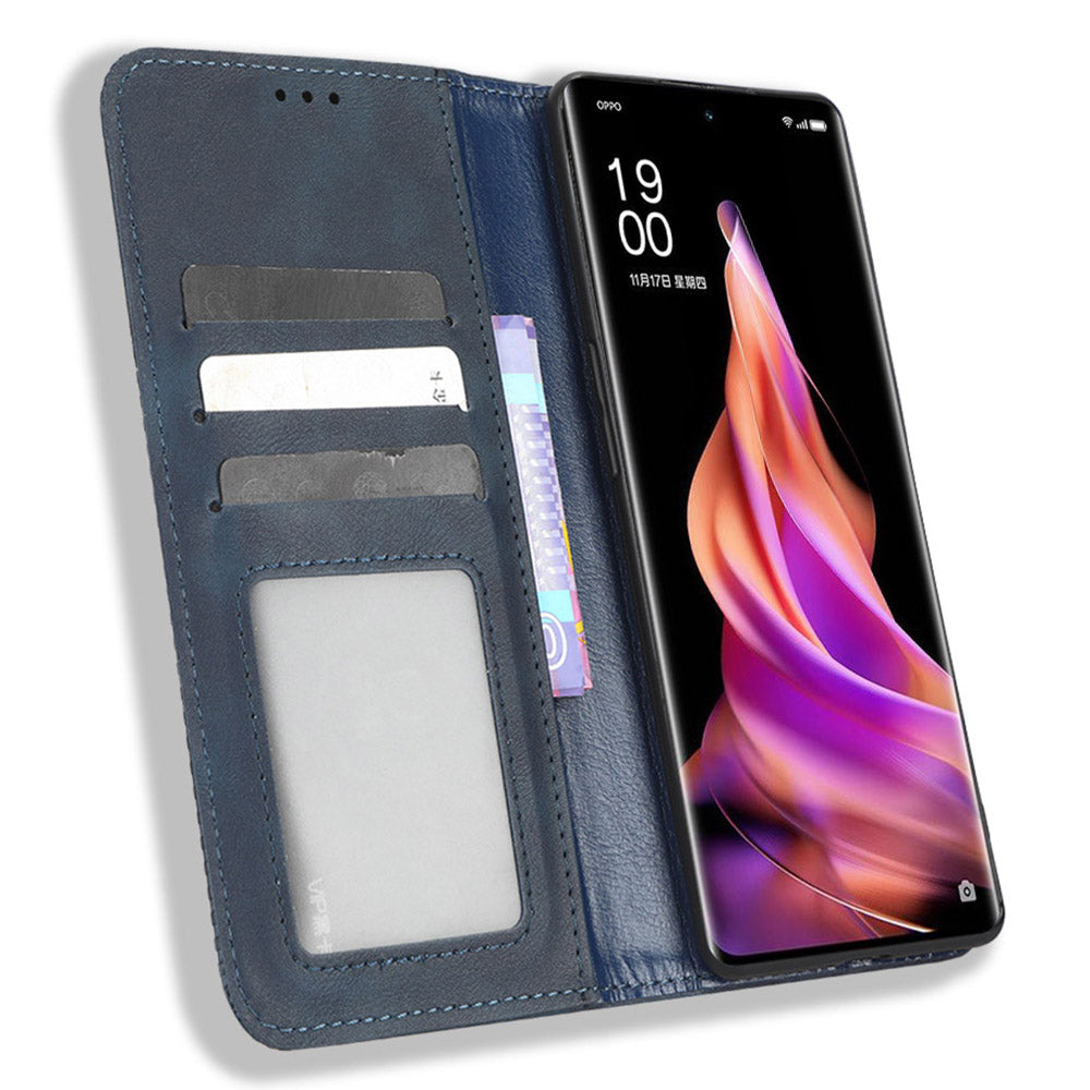 For Oppo Reno9 Pro 5G Magnetic Auto Closing Phone Case Viewing Stand Retro Texture Imprinted Pattern PU Leather Flip Wallet Phone Cover