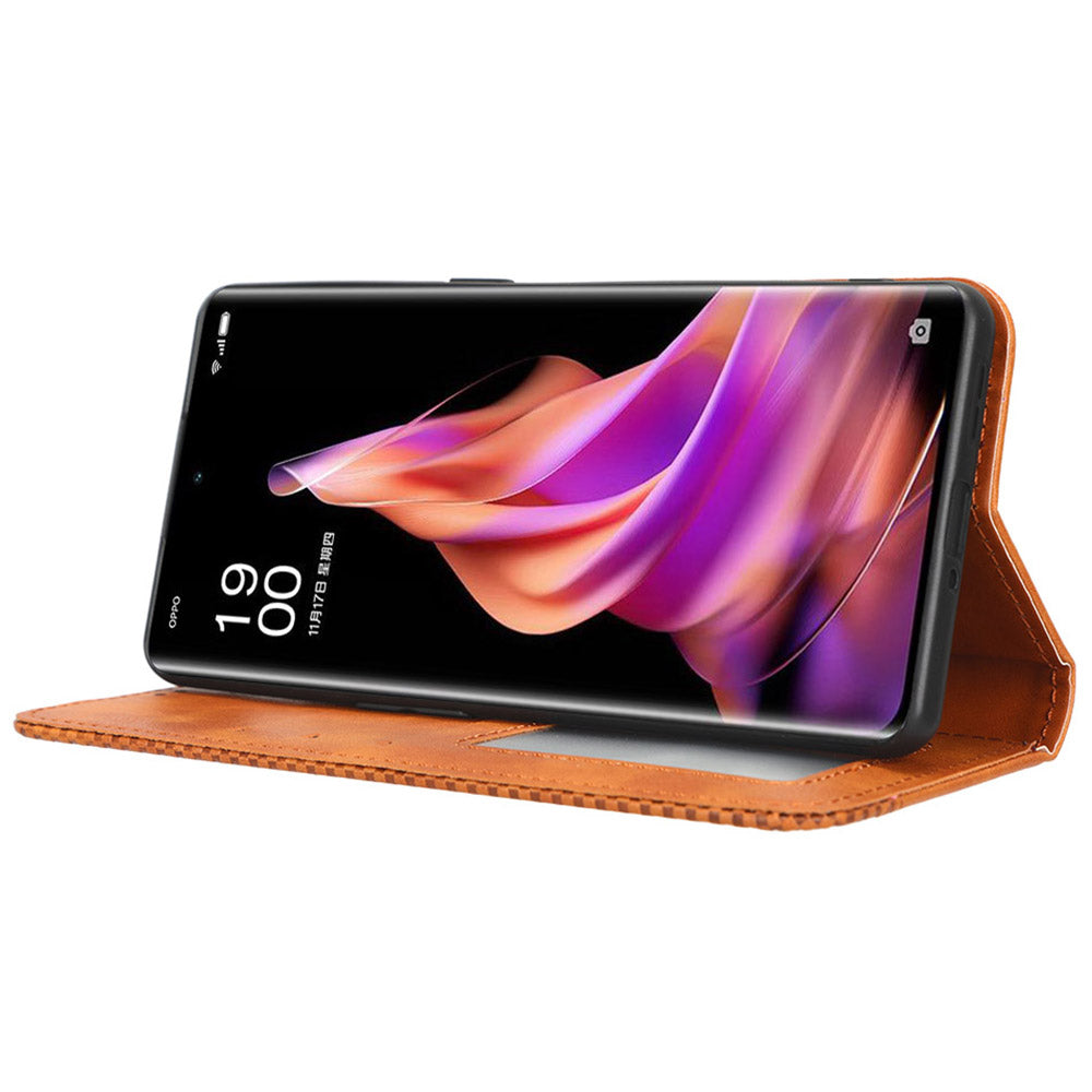 For Oppo Reno9 Pro 5G Magnetic Auto Closing Phone Case Viewing Stand Retro Texture Imprinted Pattern PU Leather Flip Wallet Phone Cover