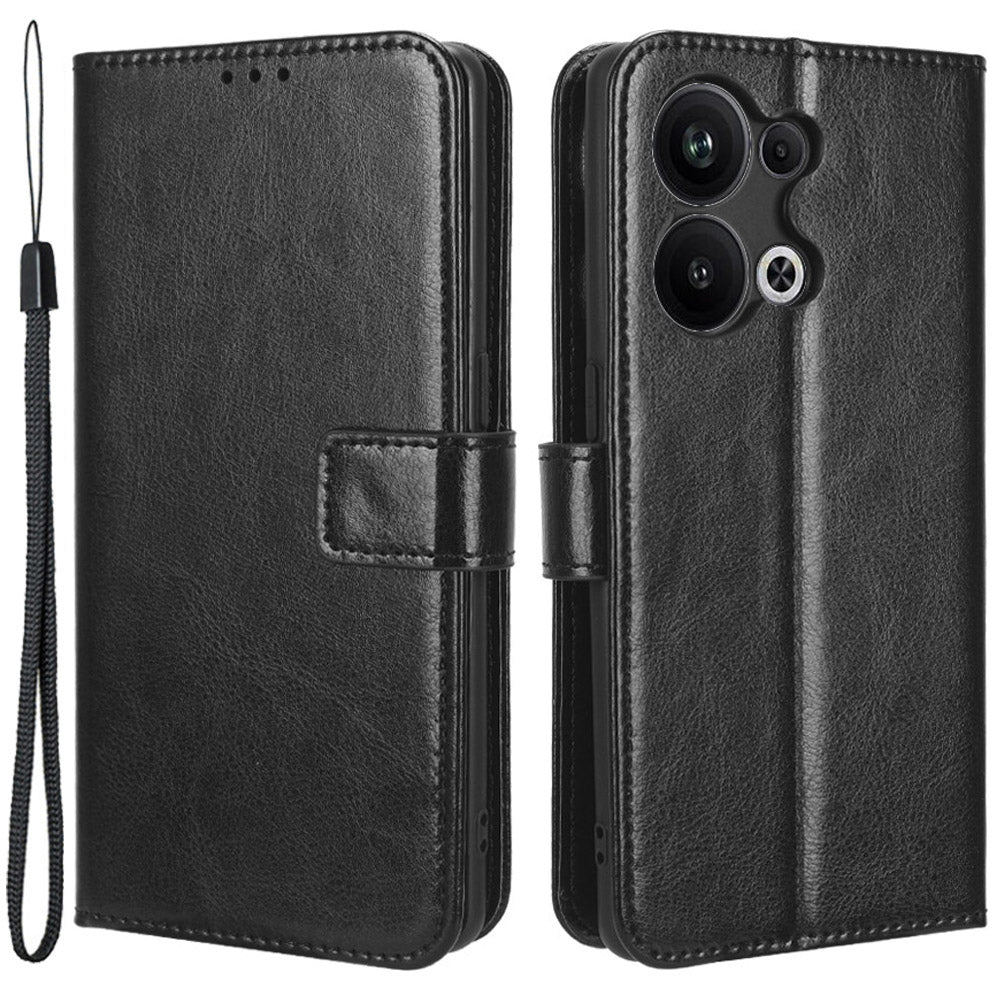 For Oppo Reno9 Pro 5G Crazy Horse Texture Magnetic Cell Phone Case Flip Wallet Stand Bump Proof PU Leather Phone Cover with Strap