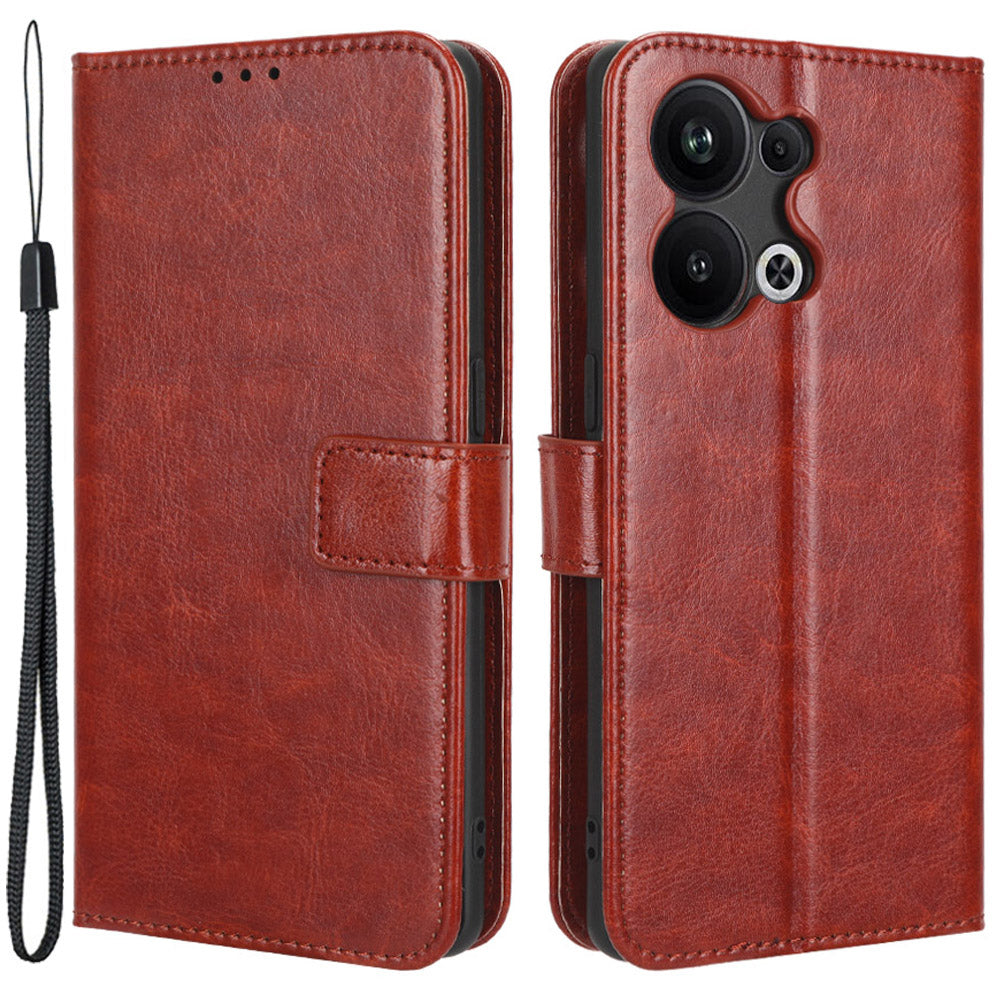 For Oppo Reno9 Pro 5G Crazy Horse Texture Magnetic Cell Phone Case Flip Wallet Stand Bump Proof PU Leather Phone Cover with Strap