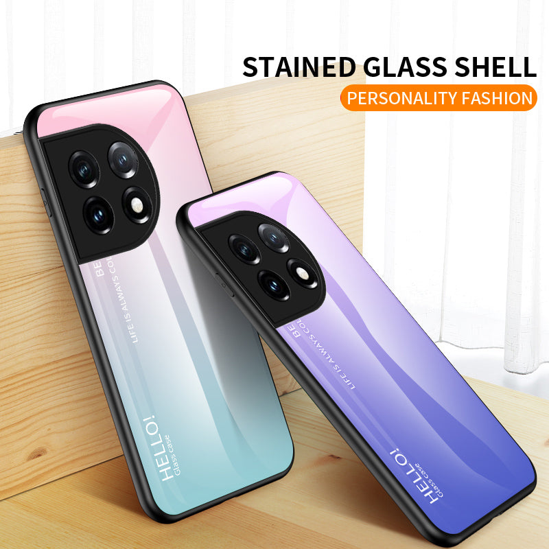 For OnePlus 11 5G Gradient Color Phone Case Anti-Scratch Tempered Glass PC Back TPU Frame Hybrid Cover