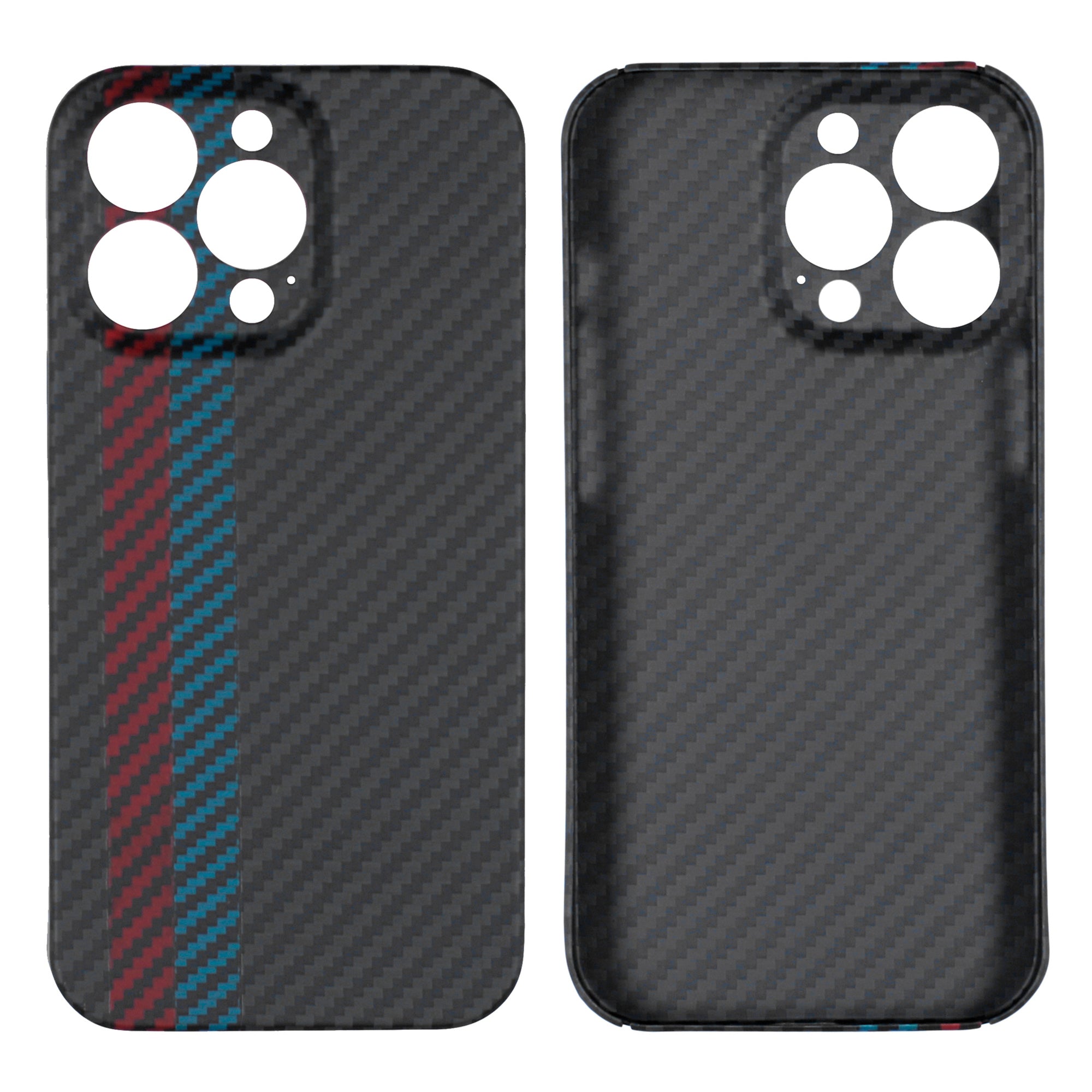 For iPhone 13 Pro Max 6.7 inch Color Splicing Mobile Phone Protective Cover Precise Cutout Carbon Fiber Texture Aramid Fiber Back Case - Black/Blue/Red