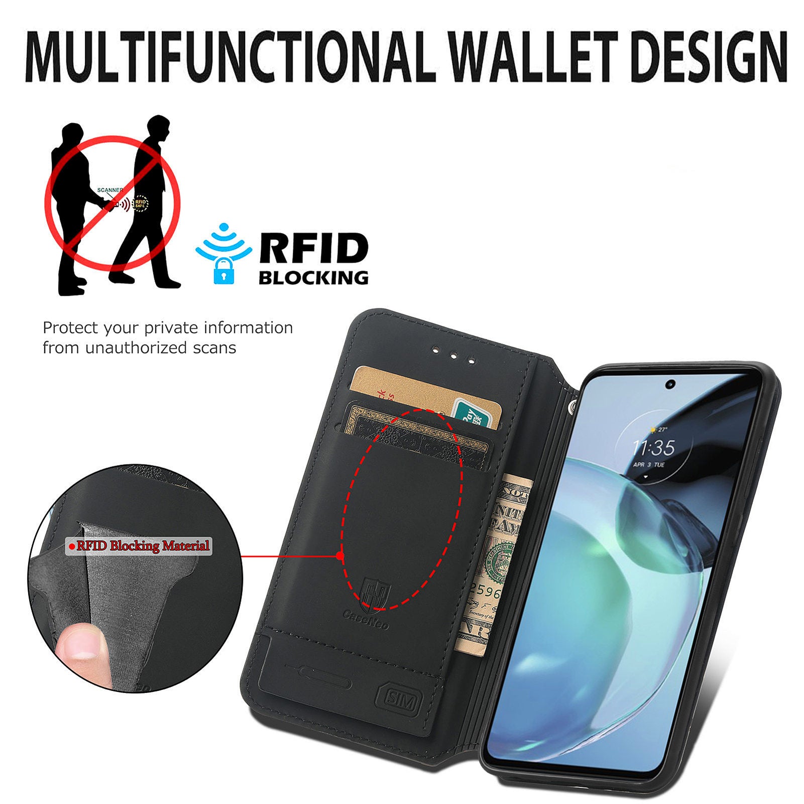 CASENEO 001 Series for Motorola Moto G72 4G Pattern Printing PU Leather Case RFID Blocking Magnetic Auto Closing Phone Cover with Stand Wallet