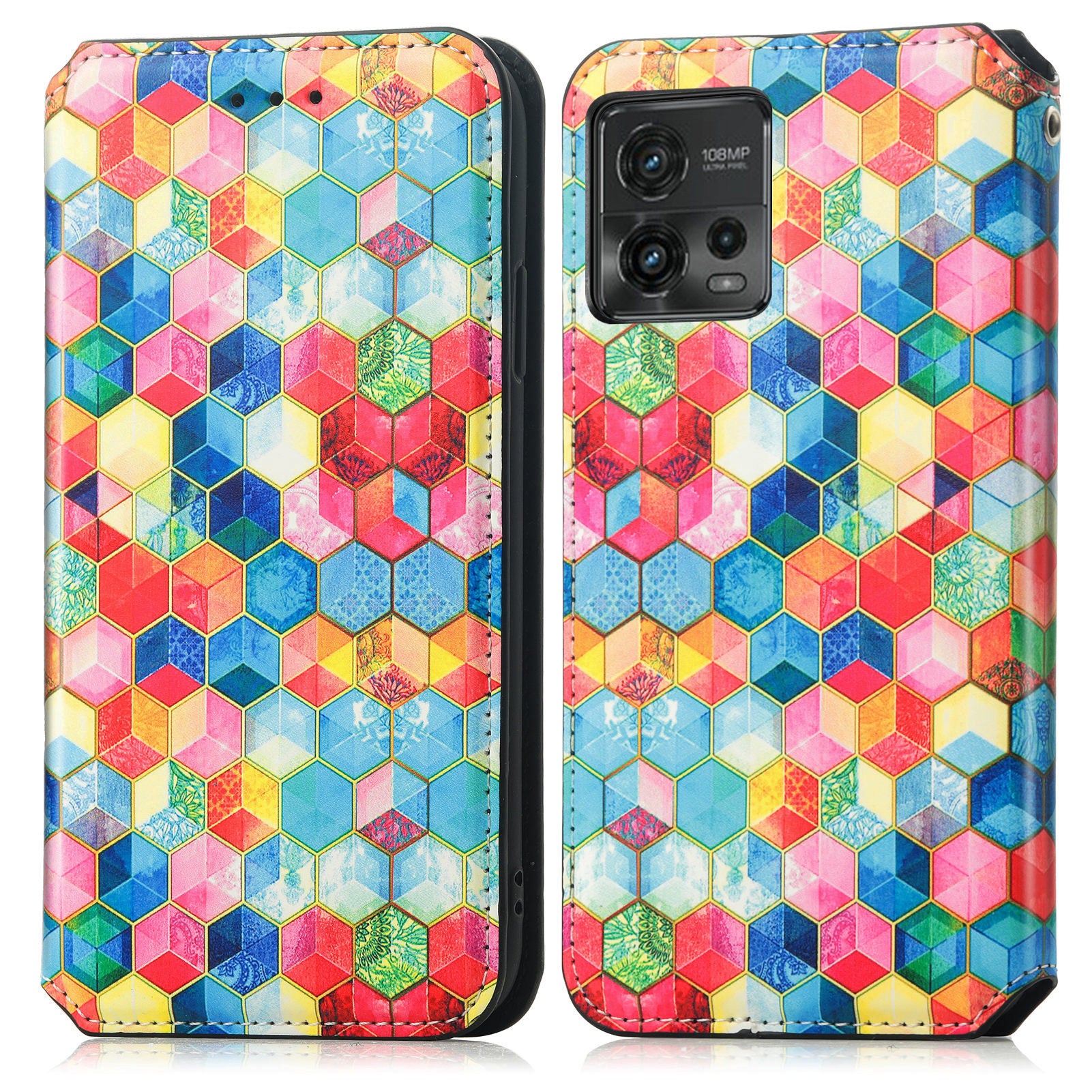 CASENEO 001 Series for Motorola Moto G72 4G Pattern Printing PU Leather Case RFID Blocking Magnetic Auto Closing Phone Cover with Stand Wallet