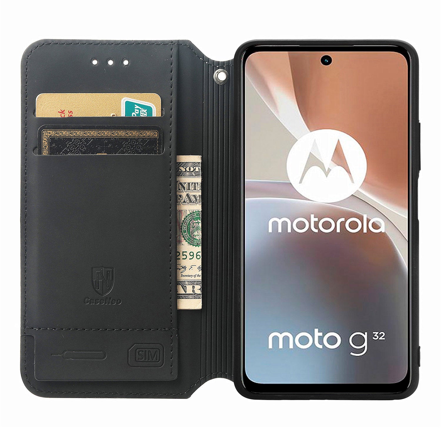 CASENEO 001 Series for Motorola Moto G32 4G PU Leather RFID Blocking Pattern Printing Phone Case Magnetic Auto Closing Anti-scratch Flip Cover Stand Wallet
