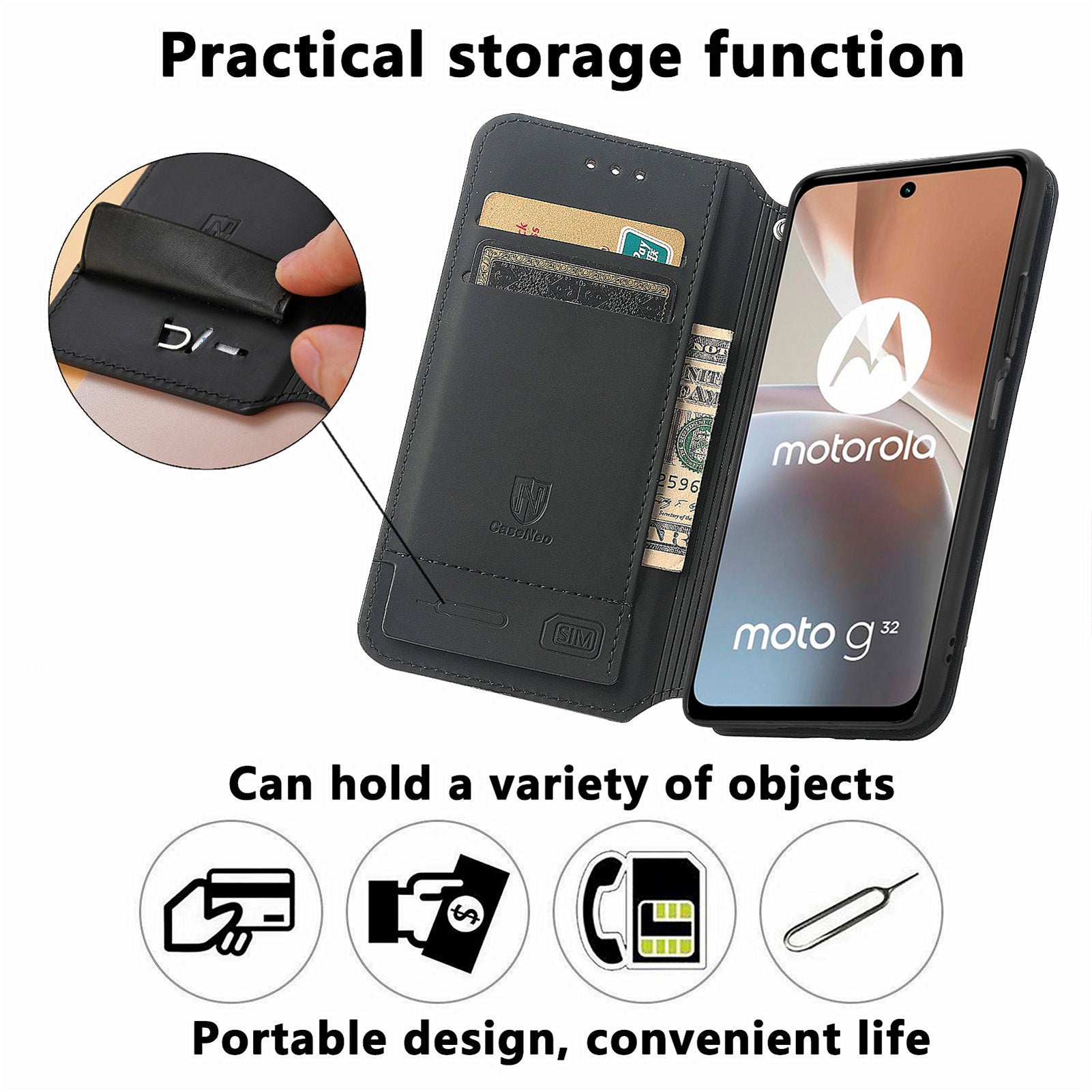CASENEO 001 Series for Motorola Moto G32 4G PU Leather RFID Blocking Pattern Printing Phone Case Magnetic Auto Closing Anti-scratch Flip Cover Stand Wallet