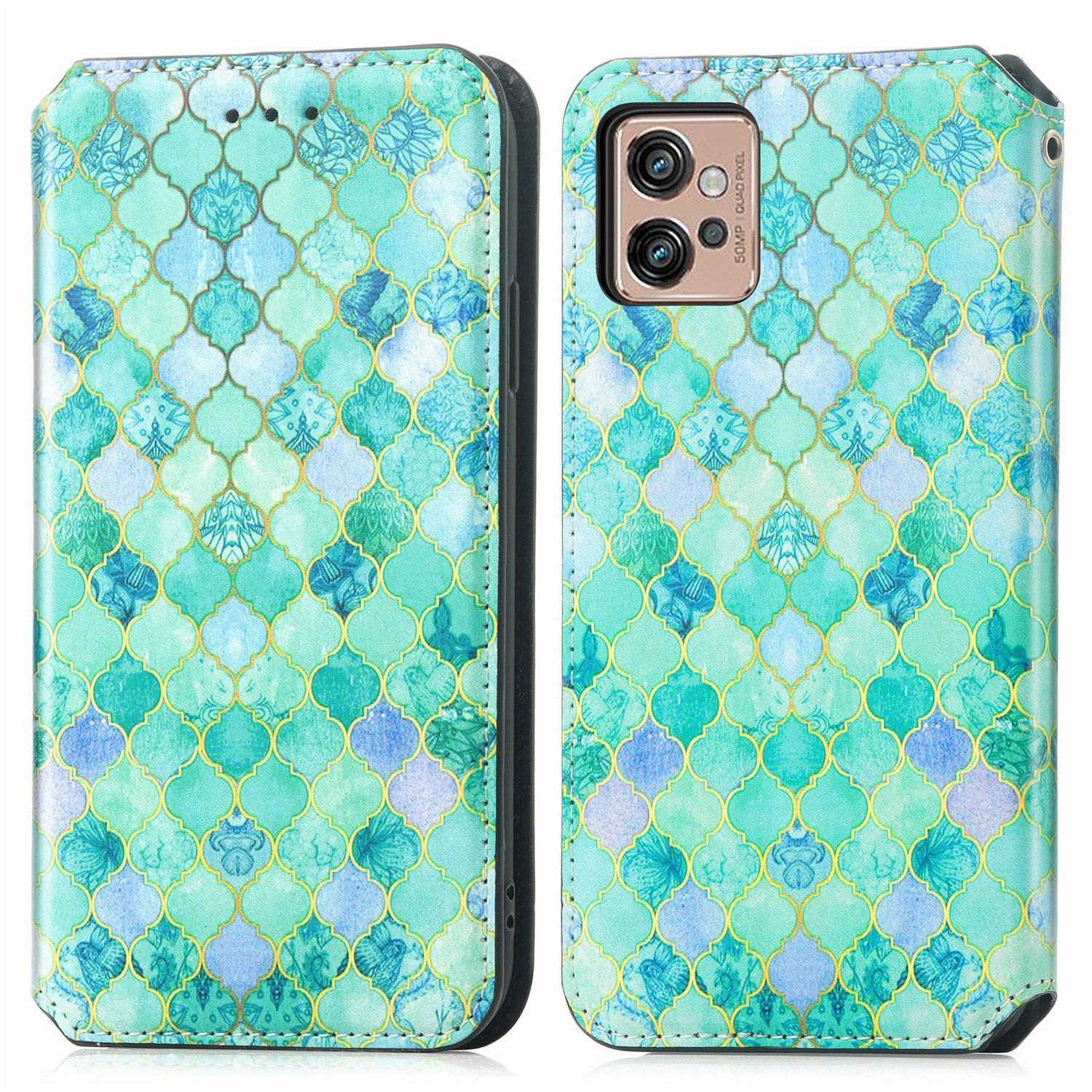 CASENEO 001 Series for Motorola Moto G32 4G PU Leather RFID Blocking Pattern Printing Phone Case Magnetic Auto Closing Anti-scratch Flip Cover Stand Wallet